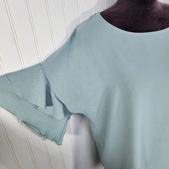 Les Amis Womens Pullover Blouse Aqua Blue Flutter Ruffle Short Sleeve Sz L - Picture 3 of 10